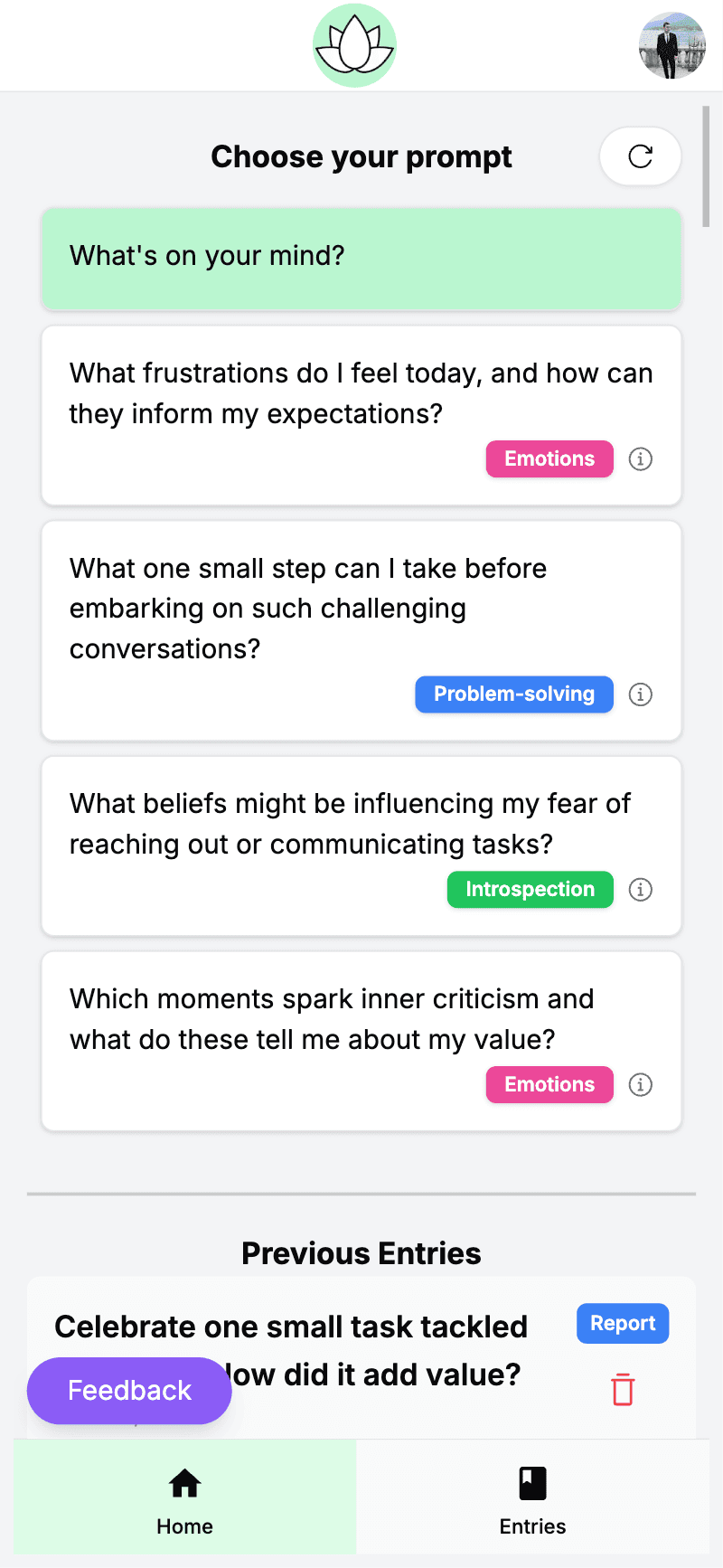 Flourish mobile prompt selection screen.